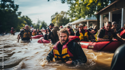 People participating in a community flood evacuation exercise.