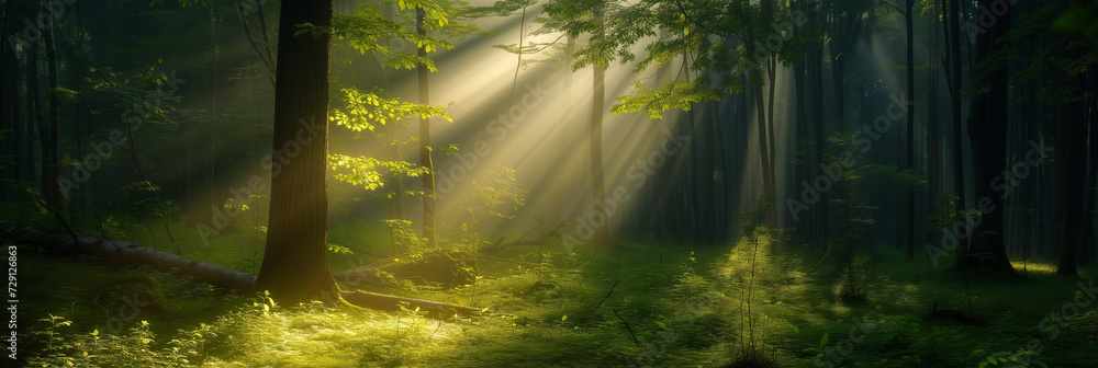 Rays of sunlight filtering through the lush foliage of a green forest