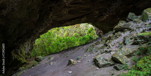 Majestic Cave Entrance Overlooking a Lush Green Forest