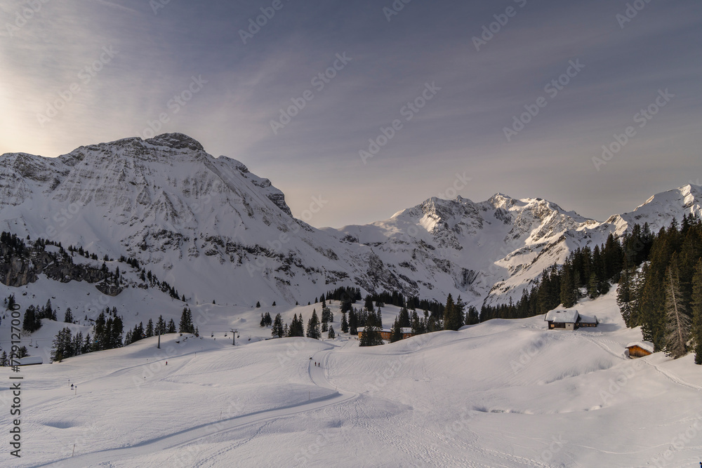 Panorama view with snowy mountains in Bregenzerwald, Austria, Körber lake with brown Arlberg peak and river in snowfield, trees and sky with veil clouds, best place for winter holiday, wonderland