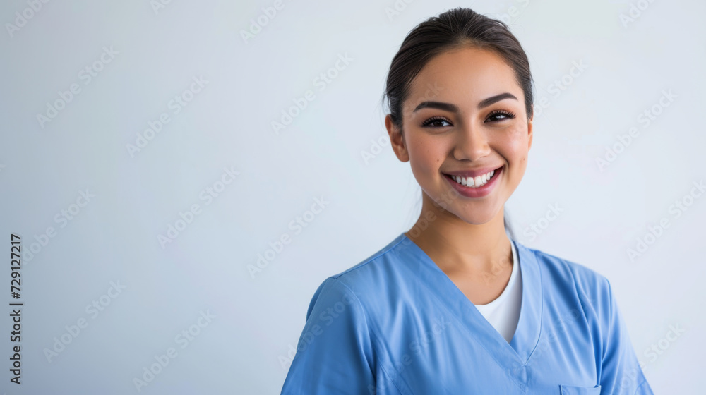 young woman with a pleasant smile, wearing a blue scrub top and a white undershirt, posing with her arms crossed against a white background young woman with a pleasant smile, wearing a blue scrub top and a white undershirt, posing with her arms crossed against a white background