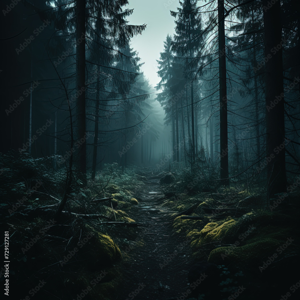 Fototapeta premium A dense forest on a dark and misty night