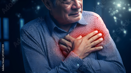 Pain in the shoulder joint of Asian elder man. Concept of frozen shoulder. generative AI.