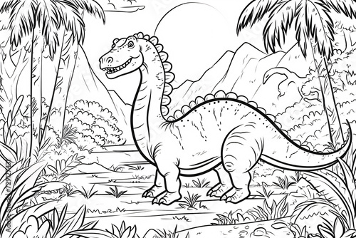 Iguanodon Dinosaur Black White Linear Doodles Line Art Coloring Page  Kids Coloring Book