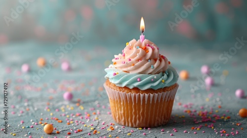 Birthday cupcake with one candle on wooden background