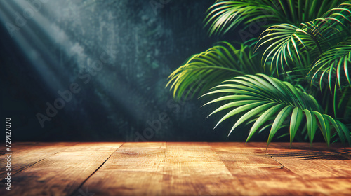 Wooden table against a backdrop of tropical green leaves  creating a fresh and natural setting for display or product presentation