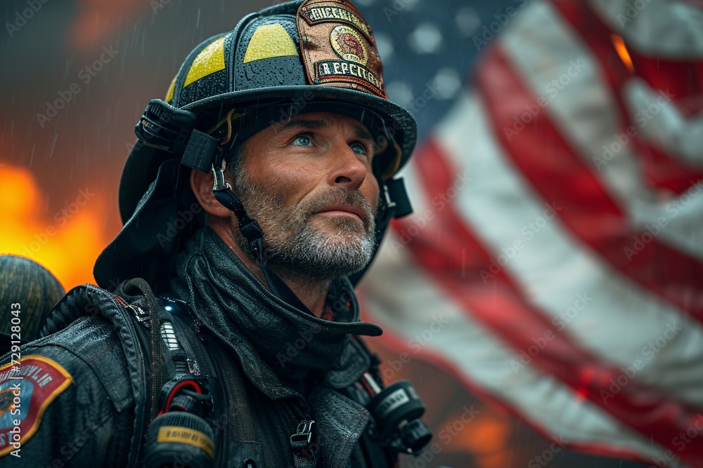 Firefighter in Full Gear Standing in Front of American Flag Generative AI Firefighter in Full Gear Standing in Front of American Flag Generative AI