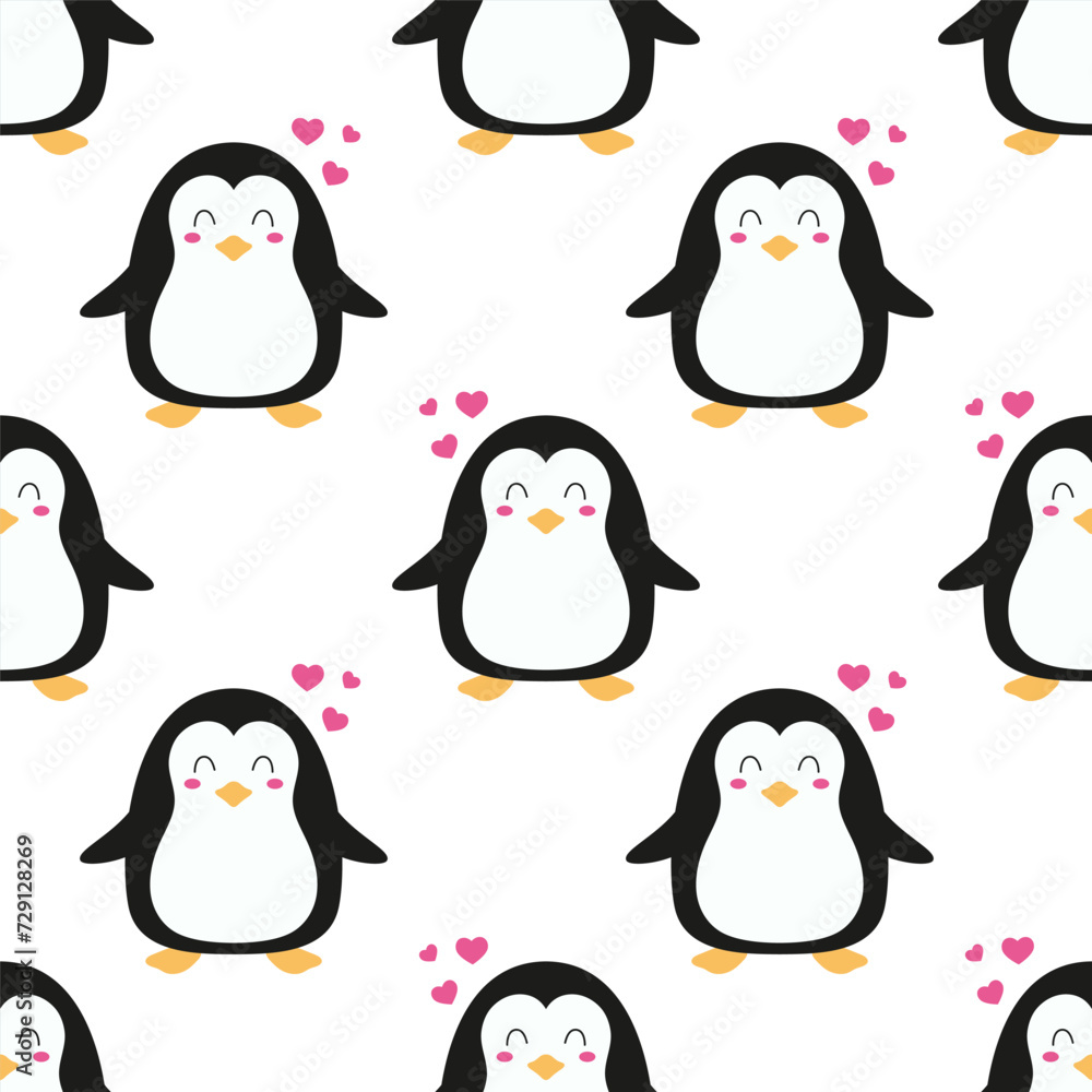 Obraz premium cute seamless pattern with cartoon penguin and hearts, wallpaper for gift wrap paper, valentine or birthday card