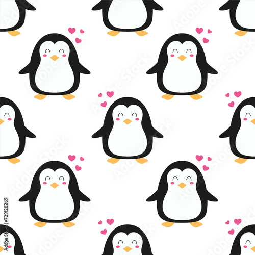 cute seamless pattern with cartoon penguin and hearts, wallpaper for gift wrap paper, valentine or birthday card