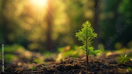 a conifer seedling grows in a forest – a symbol for sustainability, growth and new beginning photo