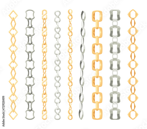 Metal chainlets with variety chain links. Gold, silver, stainless steel necklaces vector illustration isolated on white background. Jewelry from precious metals. For jewelry store ad, fashion concept