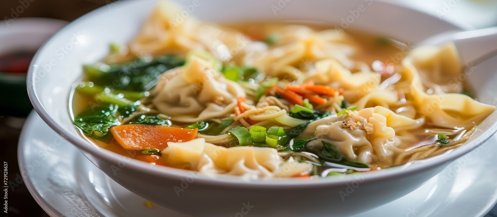 Asian-style dish consisting of vegetable, egg noodles, and either pork wonton or dumpling soup.