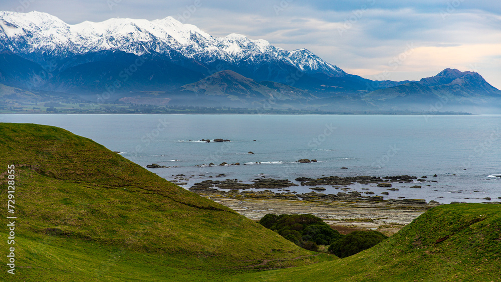 panorama of kaikoura peninsula in north canterbury, new zealand; famous rocky peninsula with cliffs and fur seal colony