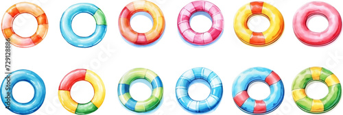 Set of watercolor swimming rings on transparent background.
