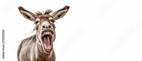 Funny animals banner panorama long - Standing, laughing brown donkey with mouth opened, isolated on white background © Corri Seizinger