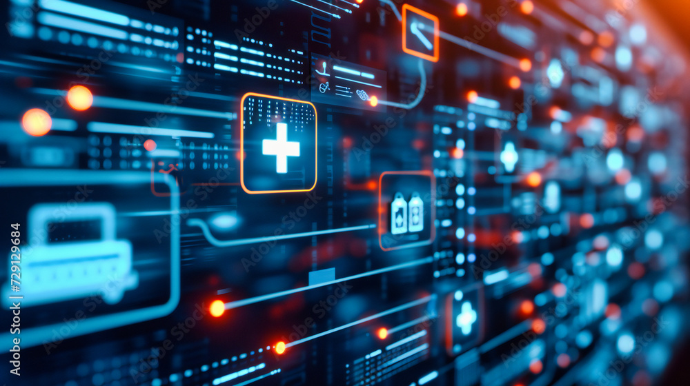 Digital technology in medicine, featuring icons and virtual interfaces, symbolizing the integration of healthcare and advanced tech innovations