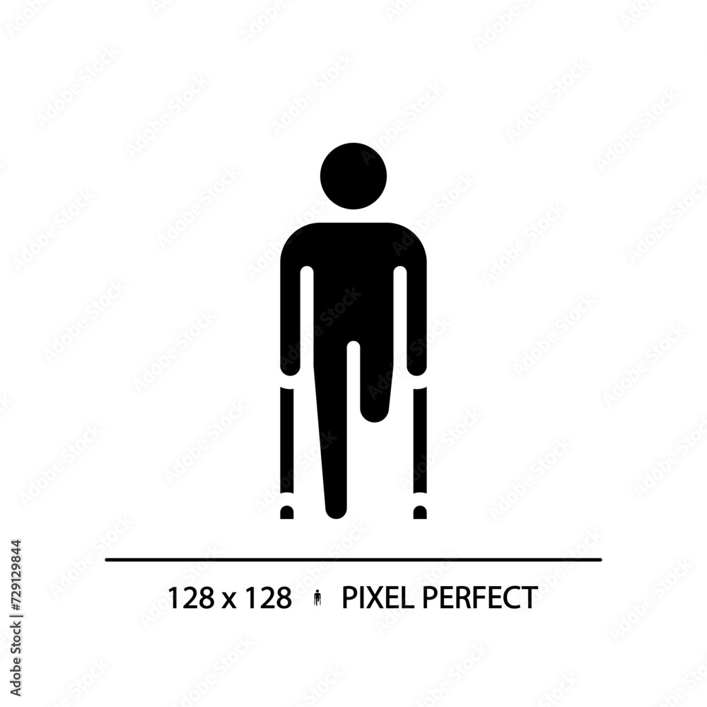 Leg amputation black glyph icon. Injury recovery, mobility aids. Amputee special needs. Physiotherapy treatment. Silhouette symbol on white space. Solid pictogram. Vector isolated illustration Leg amputation black glyph icon. Injury recovery, mobility aids. Amputee special needs. Physiotherapy treatment. Silhouette symbol on white space. Solid pictogram. Vector isolated illustration