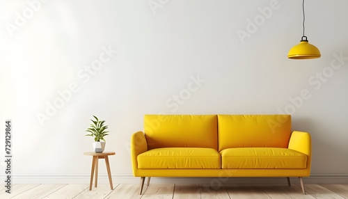 Interior design of yellow couch on a white wall with copy space