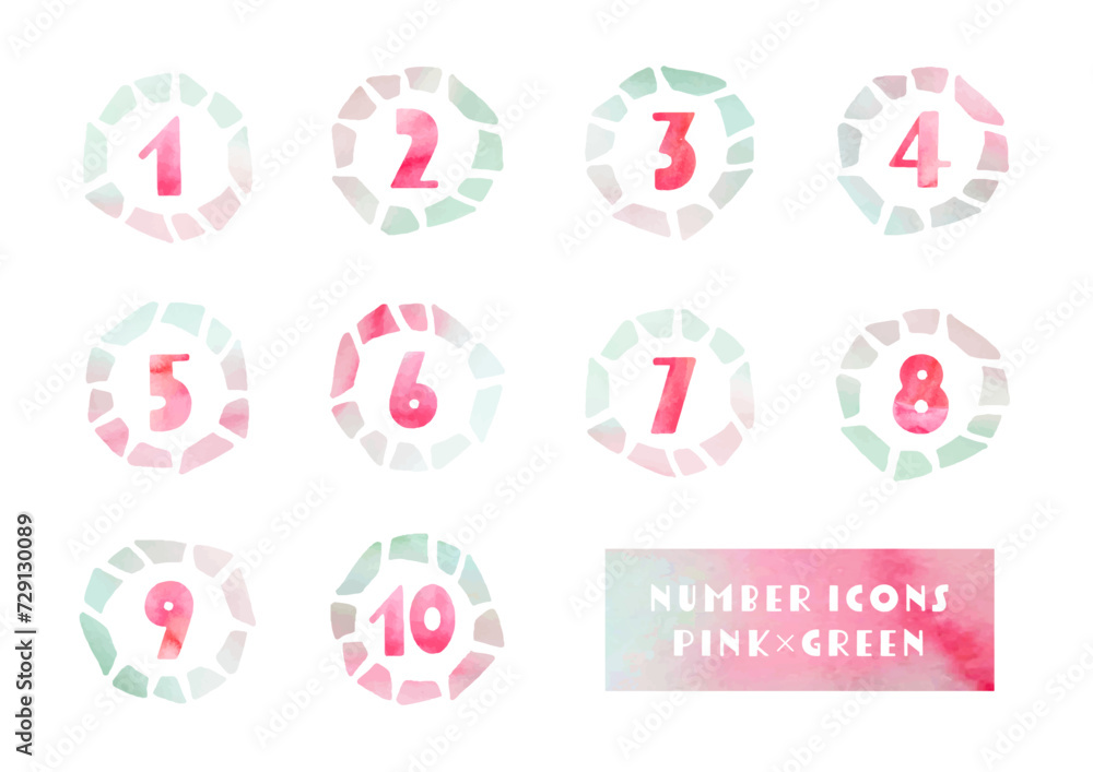 Set of number Icons drawn in watercolor pink and green Set of number Icons drawn in watercolor pink and green