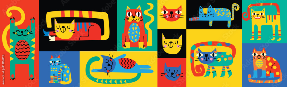 Collection with cute cats ,decorative abstract illustrations with colorful doodles, geometric shapes. Hand-drawn modern illustration with cats, abstract elements
