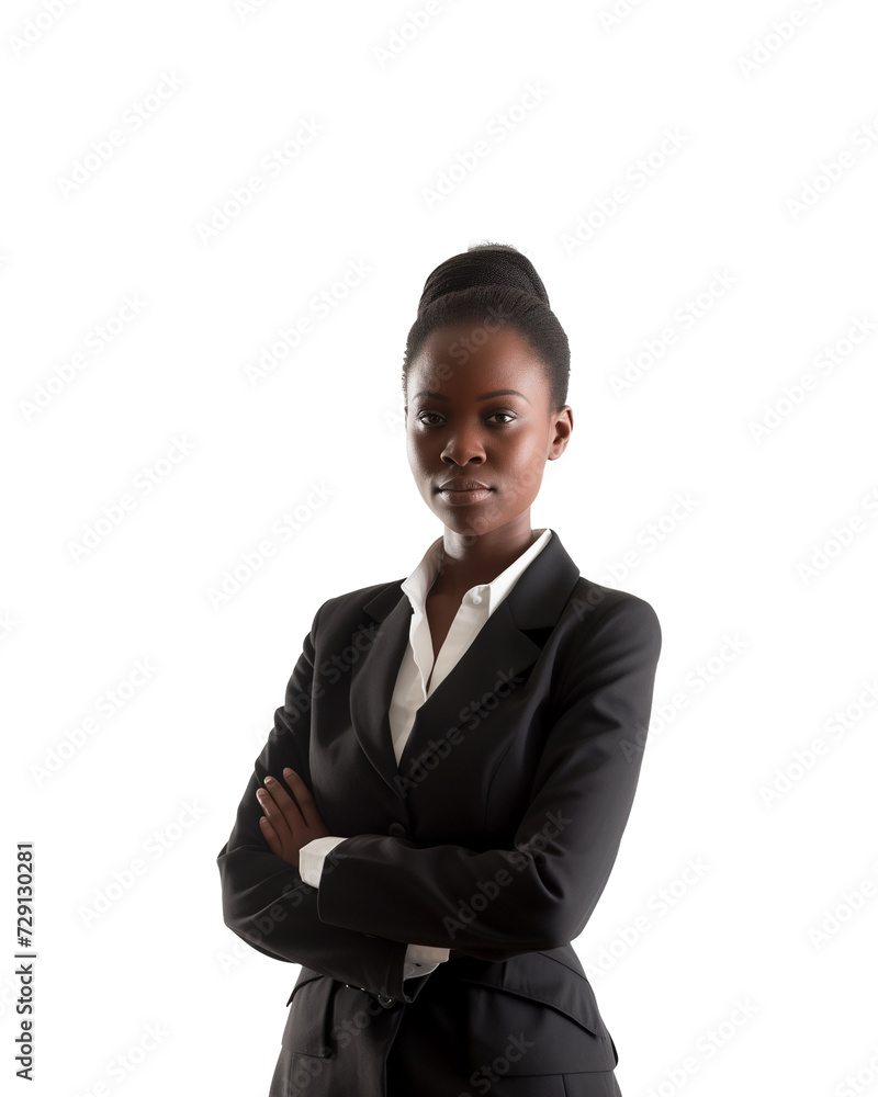 Portrait of a young african business woman standing with arms folded, isolated on transparent background. Portrait of a young african business woman standing with arms folded, isolated on transparent background.