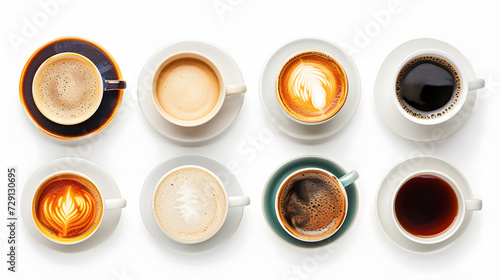 Flay lay of coffee cup assortment isolated on white background 