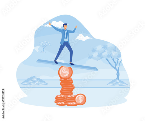 financial instability. Business investor on unstable coins. flat vector modern illustration 