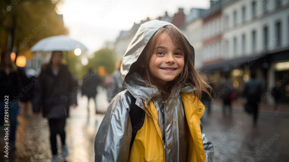 Schoolgirl in the middle of a rainy street. Schoolgirl in the middle of a rainy street.