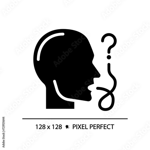 Speech impairment black glyph icon. Physiotherapy treatment. Social interaction difficulties, special needs. Silhouette symbol on white space. Solid pictogram. Vector isolated illustration