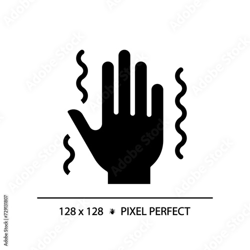 Parkinsons disease black glyph icon. Central nervous system disorder. Hand tremor. Synapses illness, special needs. Silhouette symbol on white space. Solid pictogram. Vector isolated illustration