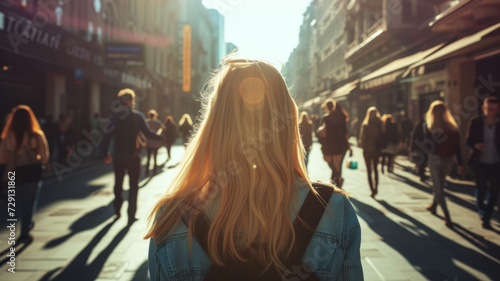 A girl with blond hair walks along the morning street.