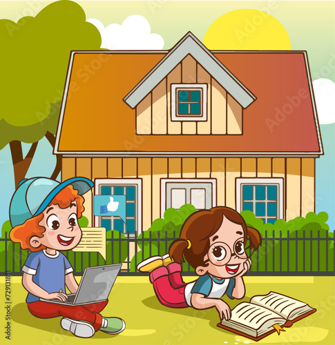 Vector Illustration of Children's Education. Children using tablets and phones. Use of technology in education. social media and children.