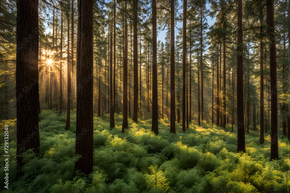 Naklejka premium The air is scented with the rich aroma of earth and pine, creating an intoxicating perfume that fills the senses and evokes a deep connection to the natural world. Babbling brooks and hidden streams