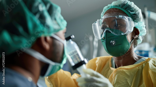 Focused healthcare professional in surgical attire  complete with a scrub cap  face mask  and protective eyewear  likely in an operating room or medical facility.