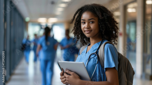 Young female healthcare student in blue scrubs holding a tablet, with a stethoscope around her neck, standing in a hospital corridor with other healthcare workers in the background.