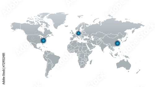 Vector world map with borders, infographic symbol. Gray icon with blue map pointers. International global illustration sign. Elements for business, web design, presentation, data report, travel