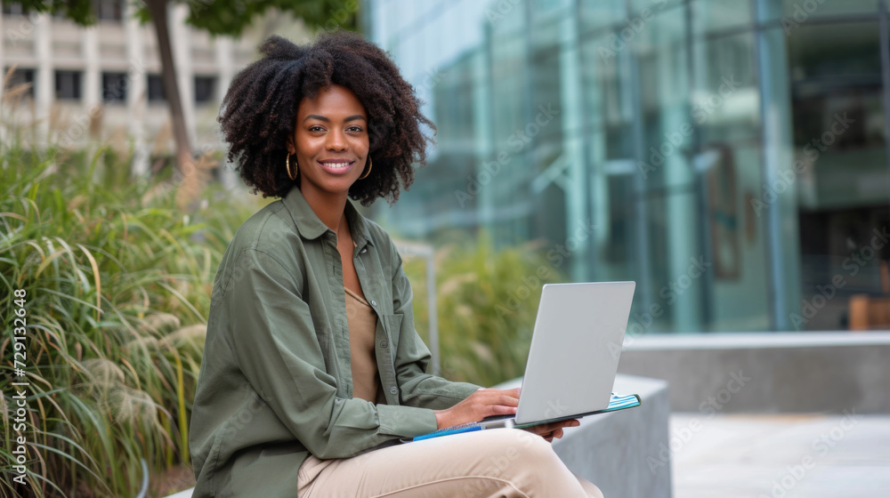 young woman is focused on working on her laptop while sitting at a wooden table outdoors, with plants around and modern buildings in the background young woman is focused on working on her laptop while sitting at a wooden table outdoors, with plants around and modern buildings in the background