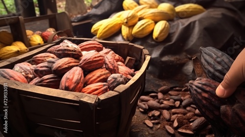 Cocoa pods in a wooden crate with blurred cocoa beans and spices in the background.
