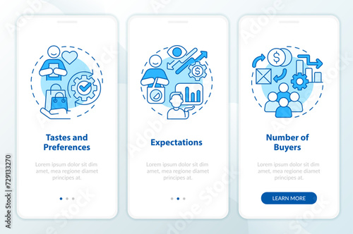 Determinants of demand blue onboarding mobile app screen. Law of supply walkthrough 3 steps graphic instructions with linear concepts. UI, UX, GUI template. Myriad Pro-Bold, Regular fonts used