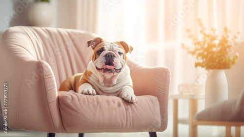 A funny bulldog lies on a chair.