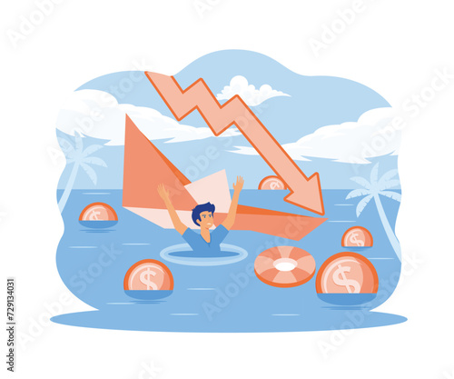 Bankruptcy business.  Economic financial crisis, sinking business, loan payback money problem, people and economy recession falling arrow. flat vector modern illustration 