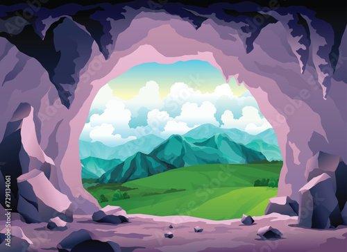 Cave landscape. Summer nature scene of cave entrance. Prehistoric dungeon, rock cavern game illustration. Vector illustration of tunnel in mountain or mine in rocks