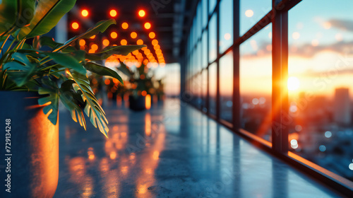 Modern building interior with green plants and window reflections, highlighting the blend of architecture, nature, and urban design