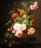 Rachel Ruysch, flowers in a glass vase on marble table, oil on canvas, The Hoogsteder museum foundation, The Hague