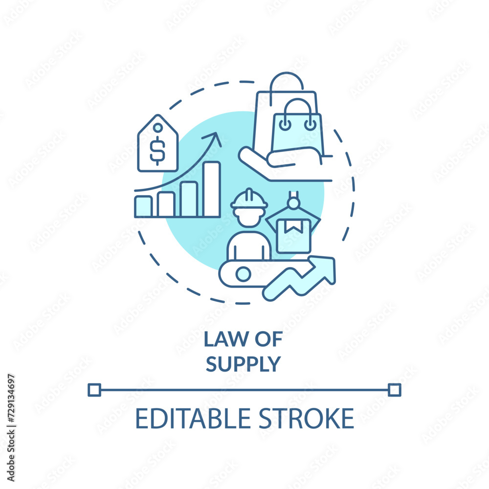 Law of supply soft blue concept icon. Demand creates supply. Higher price leads to higher quantity. Round shape line illustration. Abstract idea. Graphic design. Easy to use in brochure marketing