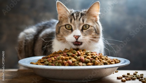 Cat eating from a Small Plate - Curiously looking at the Camera - Feeding Time - Cat Food