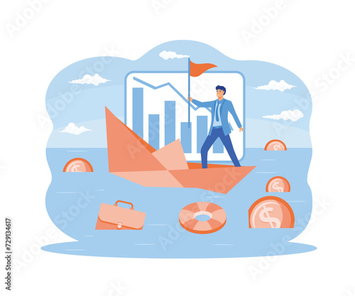 Bankruptcy business concept. Tiny person with broke company. Sinking business process in financial crisis. flat vector modern illustration 