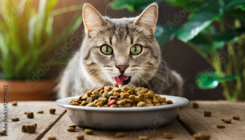Cat eating from a Small Plate - Curiously looking at the Camera - Feeding Time - Cat Food