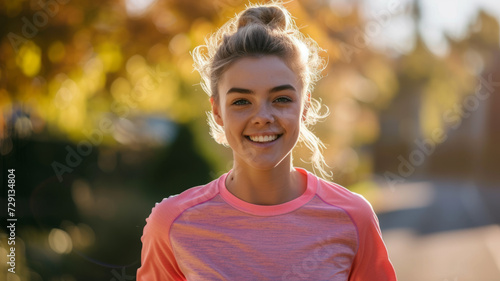 Smiling woman in a pink T-shirt.