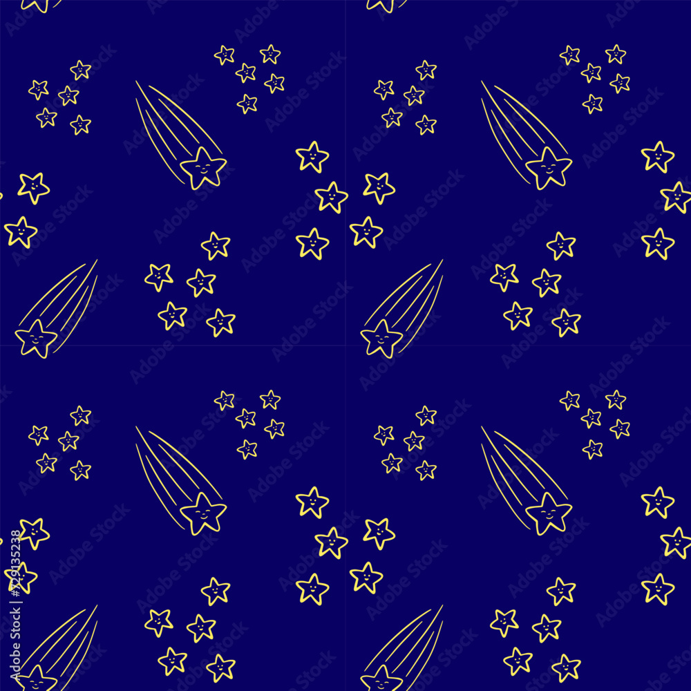 Yellow stars and falling star on dark blue beckground vector seamless pattern. Stary sky pattern. Wallpaper, print, fabric, textile, wrapping paper, packaging design Yellow stars and falling star on dark blue beckground vector seamless pattern. Stary sky pattern. Wallpaper, print, fabric, textile, wrapping paper, packaging design